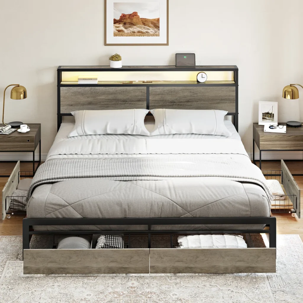 antioch+king+bed+frame+with+4+drawers+&+storage+headboard,+adjustable+led+light+and+charging+station,+no+box+spring+needed,+gray 1913473744 1916939459