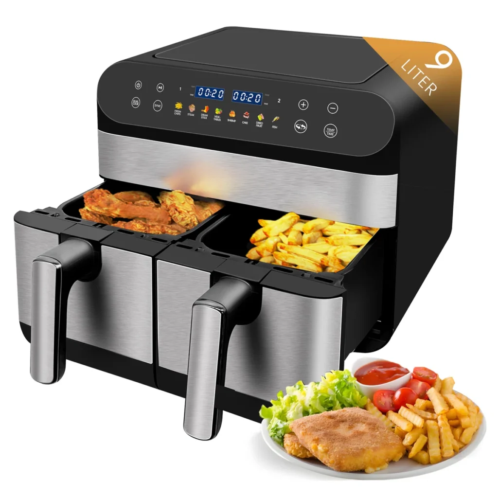 dual+air+fryer+9.5qt+double+drawer+8+functions+digital+family+1800w,smart+finish