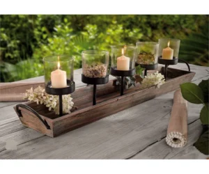5 pillar+candelabra+centerpiece+with+glass+cups+and+rustic+wood+tray